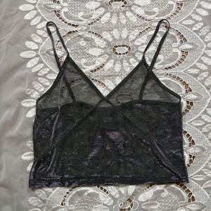 Babydoll Y2K Black Metallic Mesh Sheer Camisole Crop Top Small Silver Shimmer